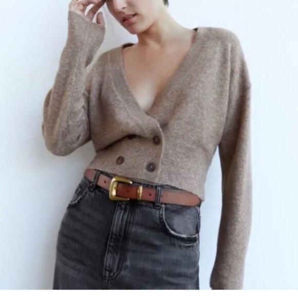 New Zara Brown Double Breasted Buttoned Knit Cardigan Sweater